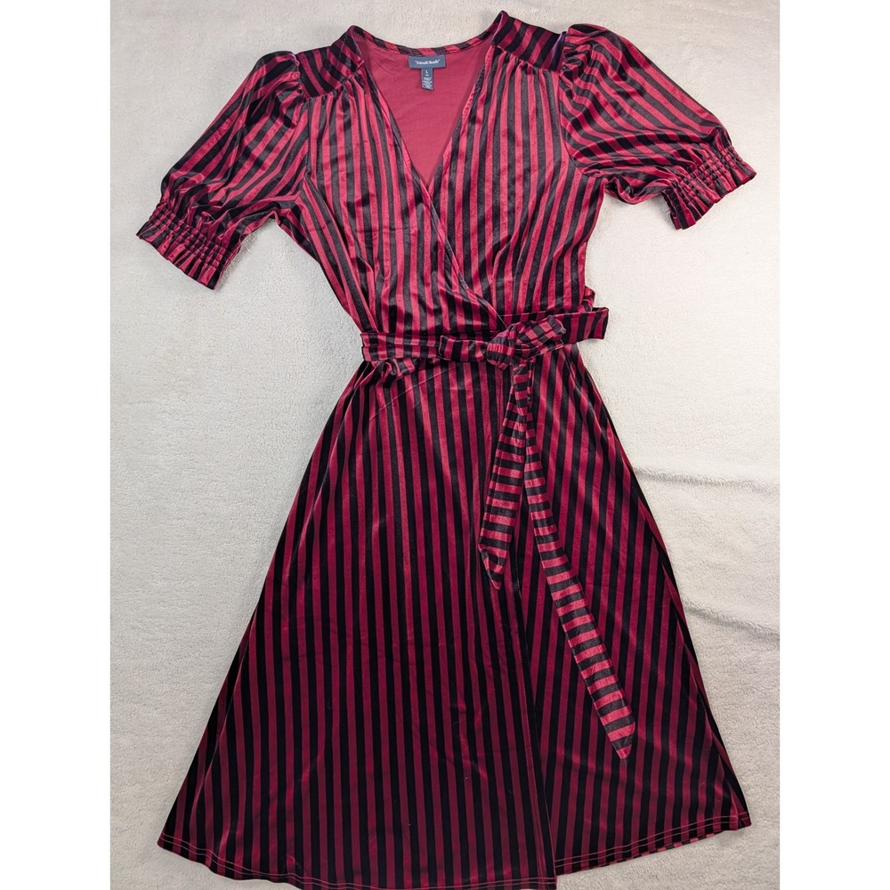 ModCloth Striped Velvet‎ Wrap Dress Short Puff Sleeve Midi Large L Dark Romance